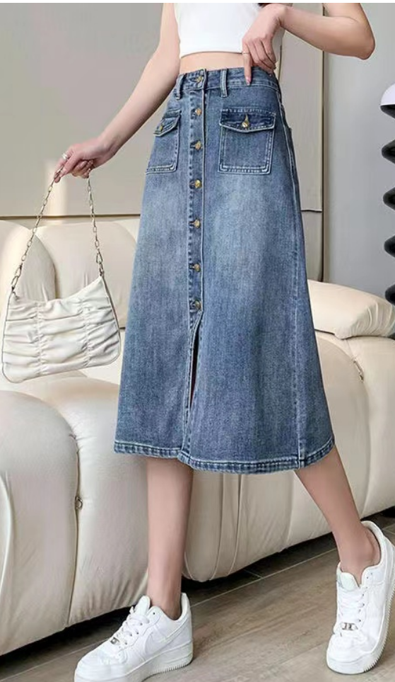 High Waist Pocket Button Split Midi Skirt