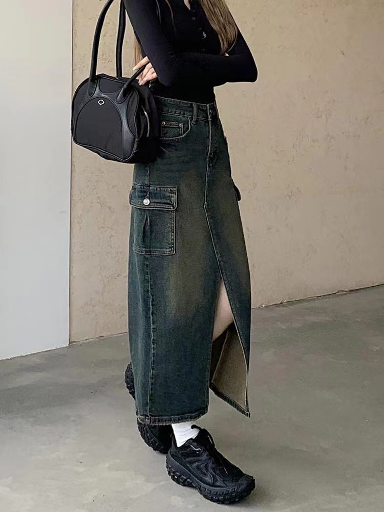 Vintage Workwear A-Line Skirt Split Mid-Length Denim Skirt