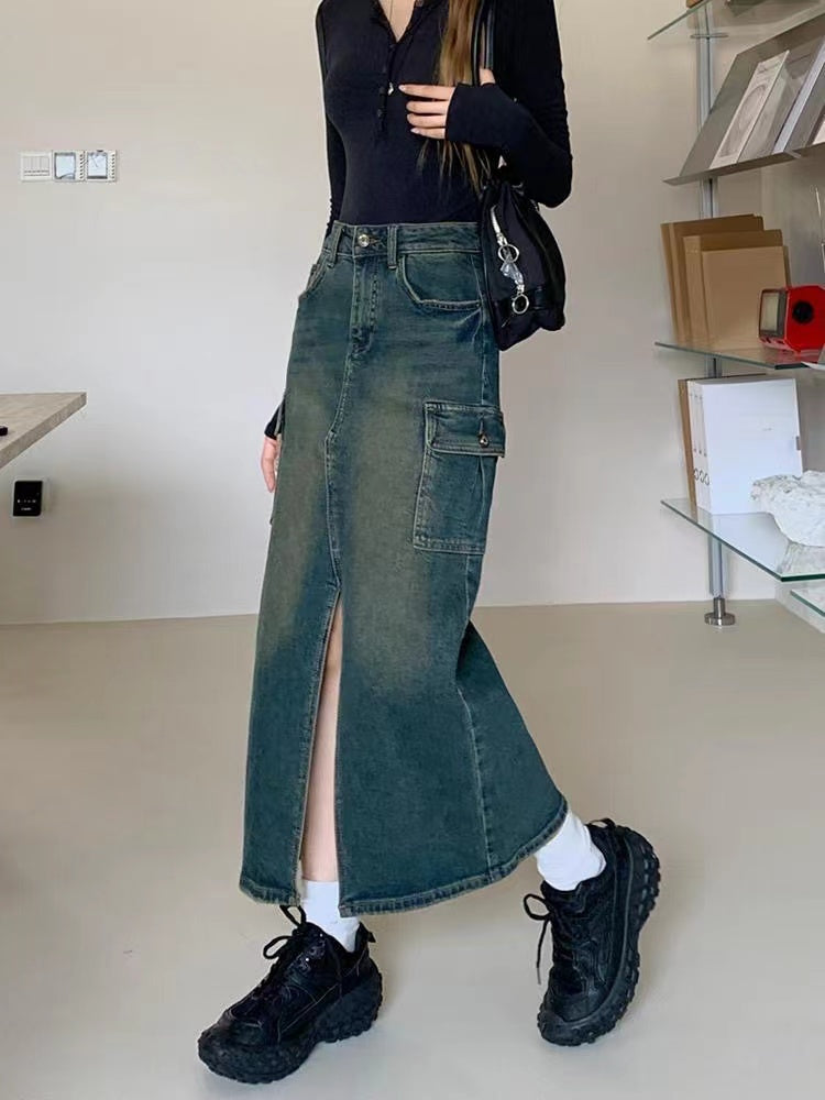 Vintage Workwear A-Line Skirt Split Mid-Length Denim Skirt