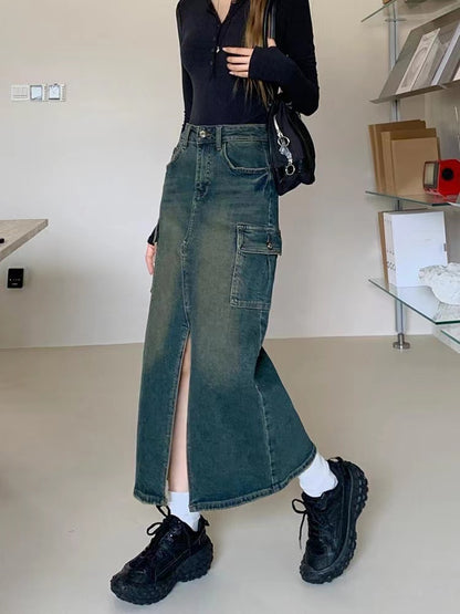 Vintage Workwear A-Line Skirt Split Mid-Length Denim Skirt