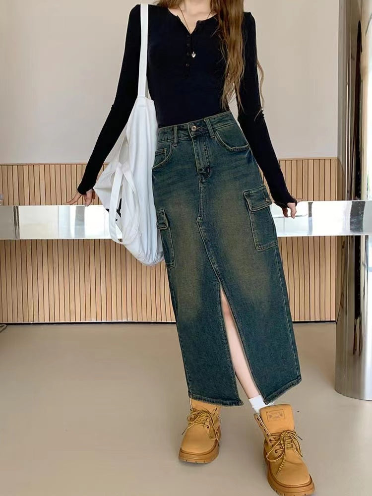 Vintage Workwear A-Line Skirt Split Mid-Length Denim Skirt