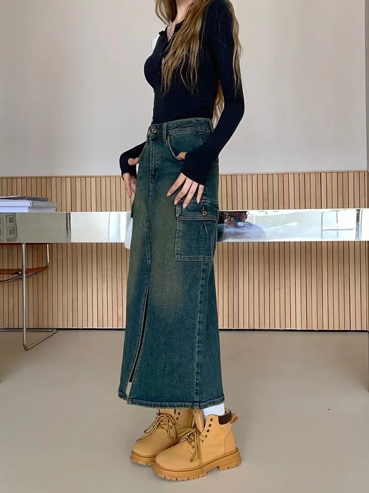 Vintage Workwear A-Line Skirt Split Mid-Length Denim Skirt