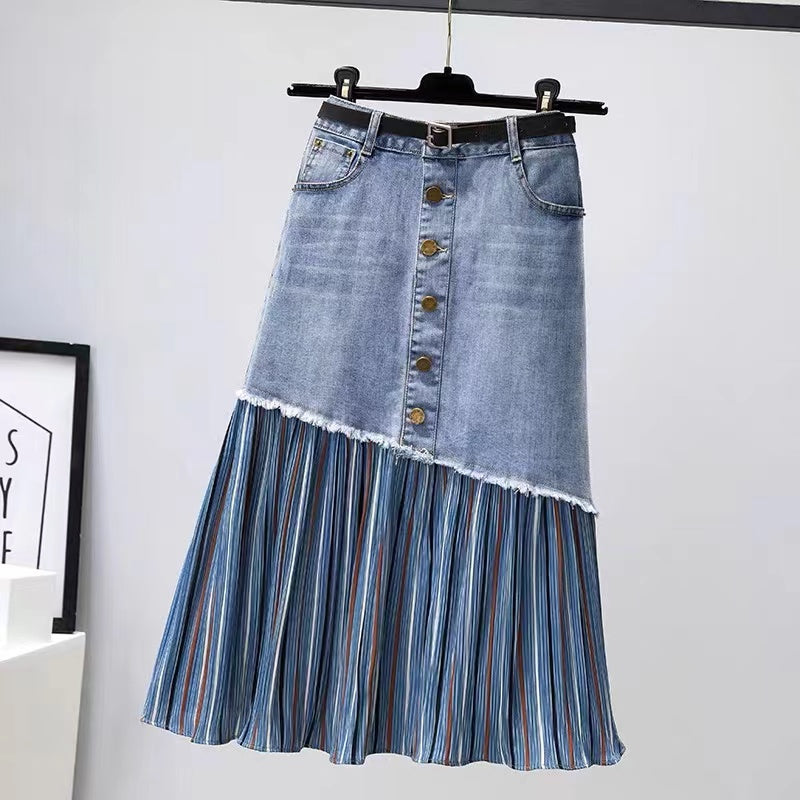 High Waist Irregular Patchwork Pocket Button Denim Skirt
