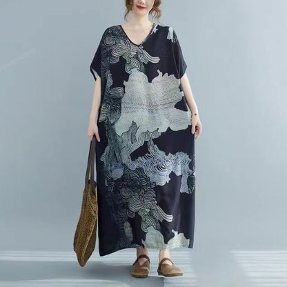 Loose V-Neck Cotton Linen Short Sleeve Printed Dress