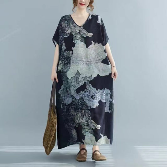 Loose V-Neck Cotton Linen Short Sleeve Printed Dress