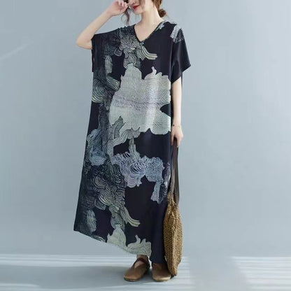Loose V-Neck Cotton Linen Short Sleeve Printed Dress