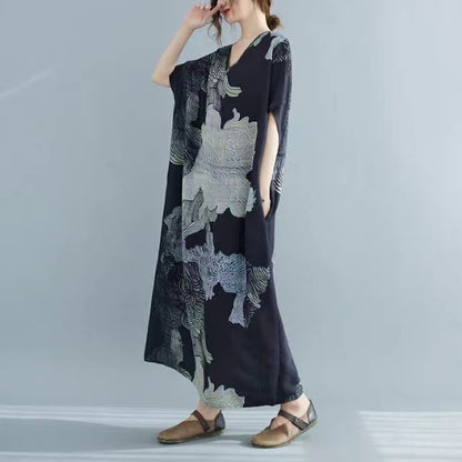 Loose V-Neck Cotton Linen Short Sleeve Printed Dress