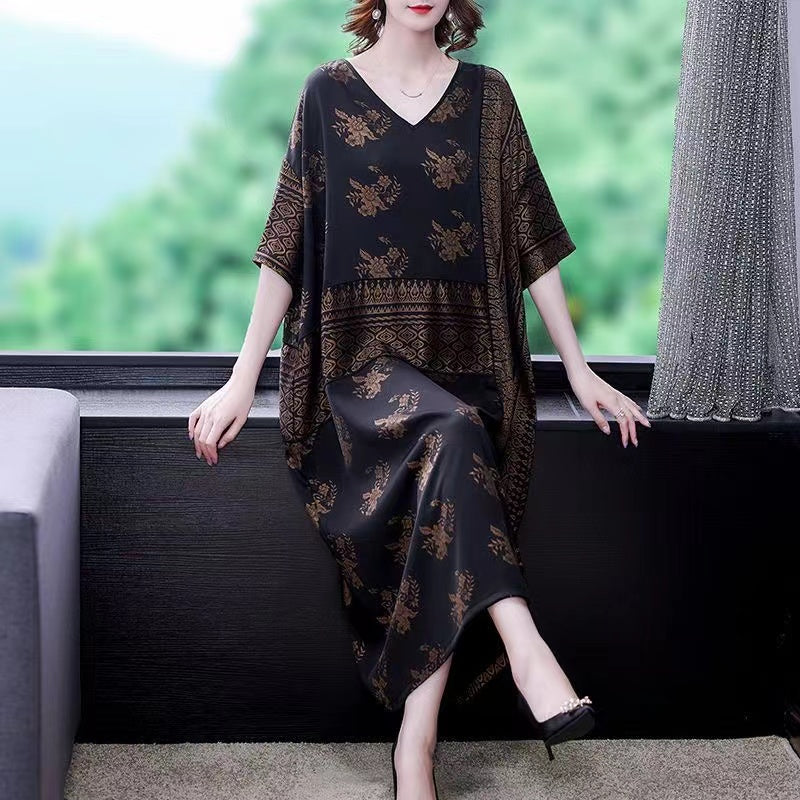Loose V-Neck Printed Silk Dress