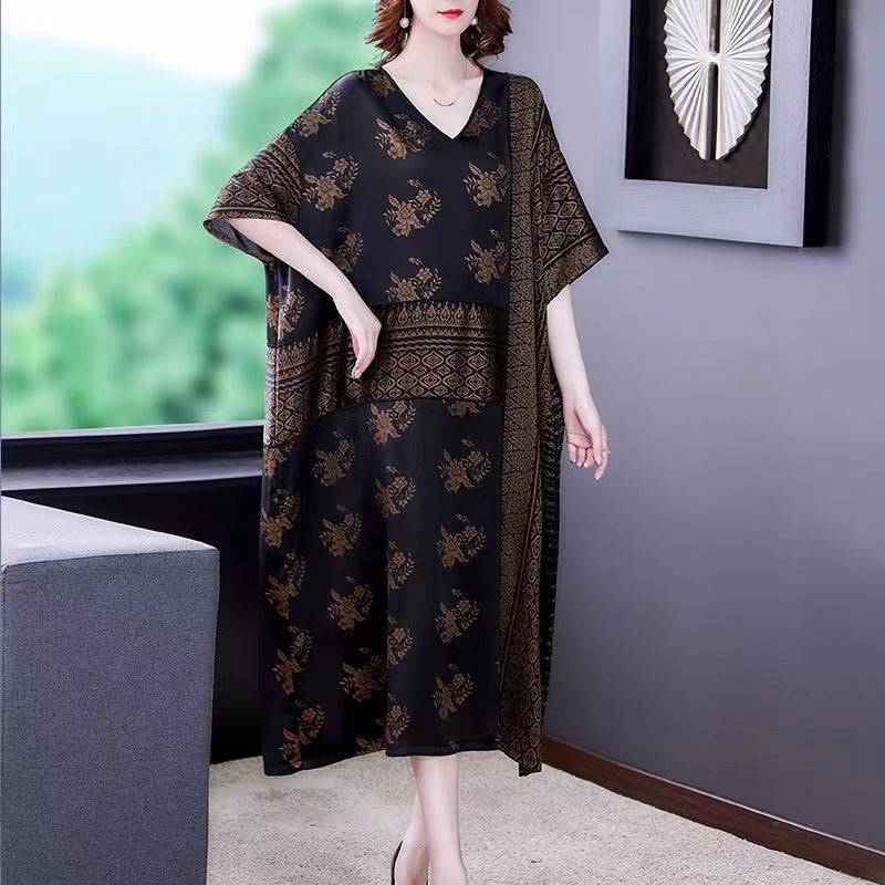 Loose V-Neck Printed Silk Dress