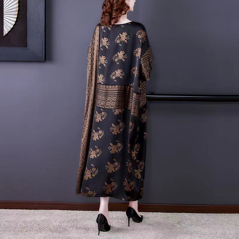 Loose V-Neck Printed Silk Dress