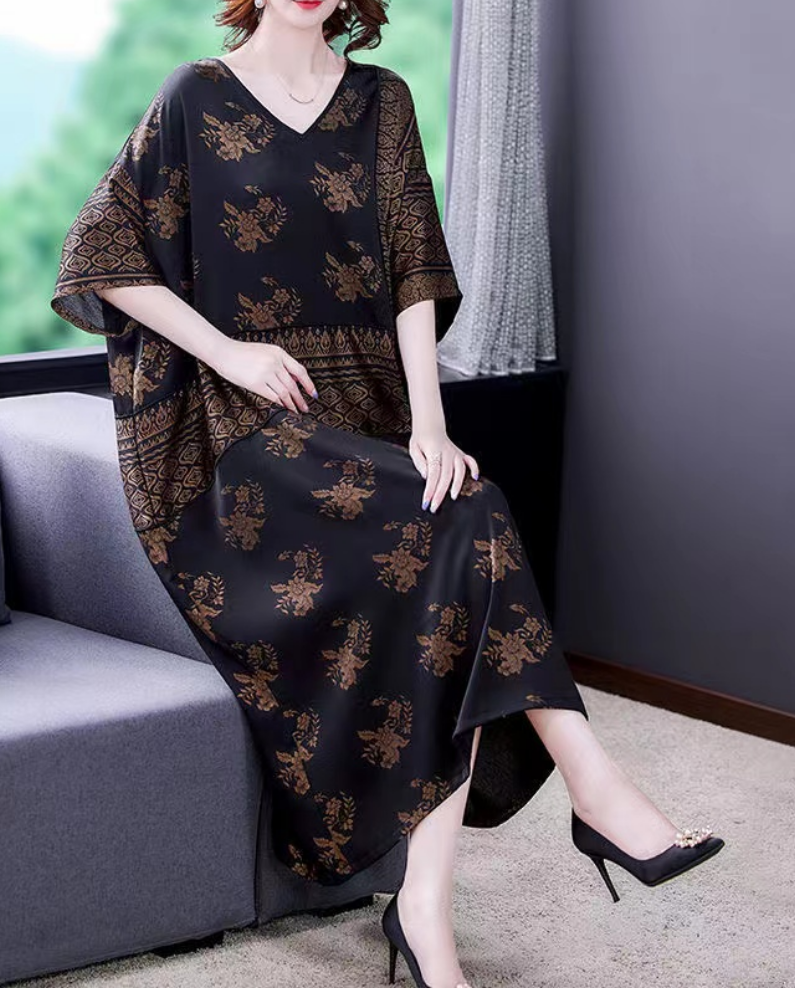 Loose V-Neck Printed Silk Dress
