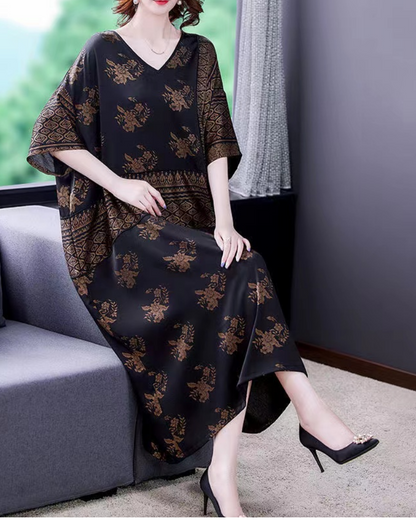 Loose V-Neck Printed Silk Dress