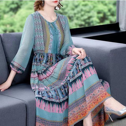 Bohemian Silk Geometric Print Tie Dress