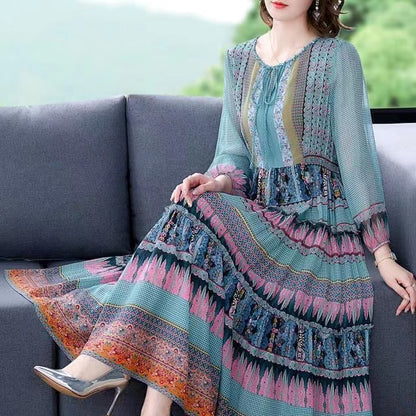 Bohemian Silk Geometric Print Tie Dress