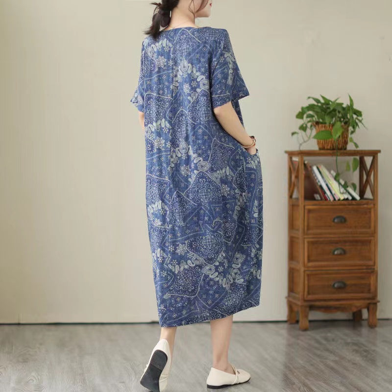 Loose V-neck Geometric Print Cotton Dress