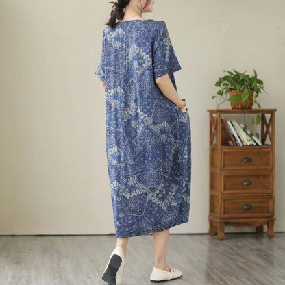 Loose V-neck Geometric Print Cotton Dress