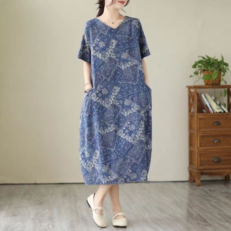 Loose V-neck Geometric Print Cotton Dress