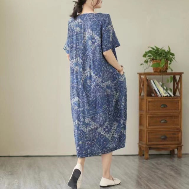 Loose V-neck Geometric Print Cotton Dress