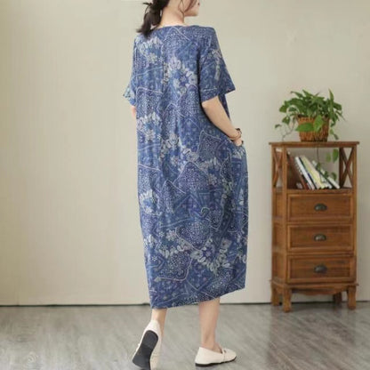 Loose V-neck Geometric Print Cotton Dress