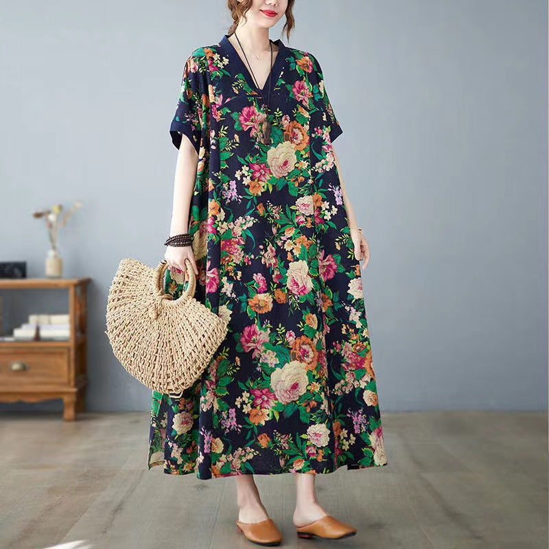 Colorblocked V-Neck Floral Short Sleeve Dress