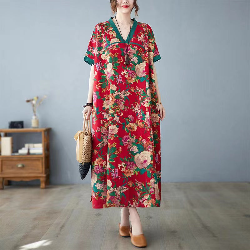 Colorblocked V-Neck Floral Short Sleeve Dress