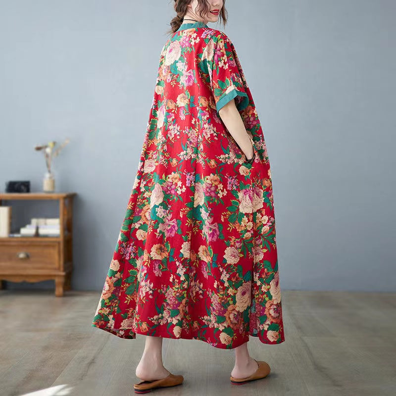 Colorblocked V-Neck Floral Short Sleeve Dress