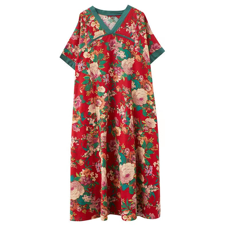 Colorblocked V-Neck Floral Short Sleeve Dress