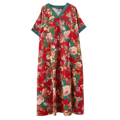 Colorblocked V-Neck Floral Short Sleeve Dress