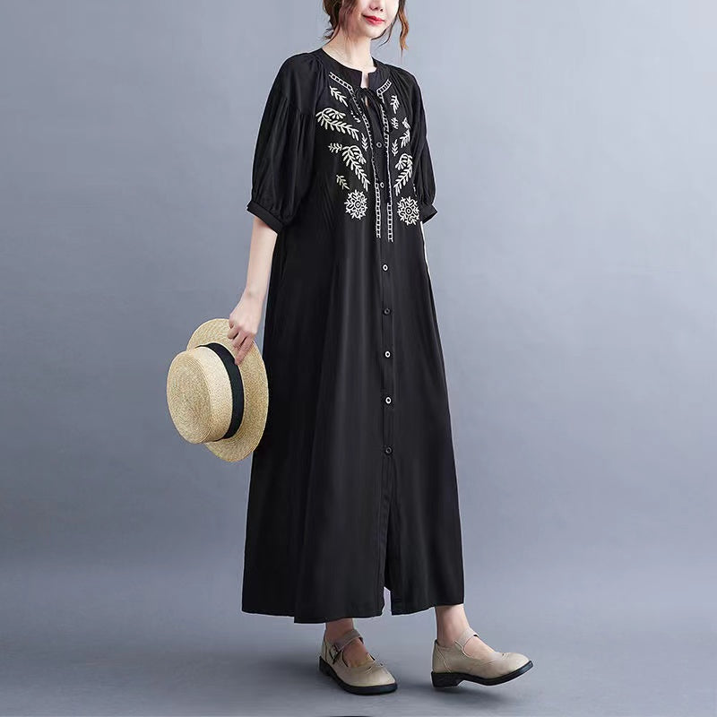 Bohemian Vintage Embroidered Tied Short Sleeve Long Shirt Dress