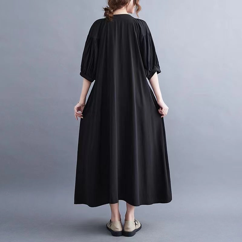 Bohemian Vintage Embroidered Tied Short Sleeve Long Shirt Dress