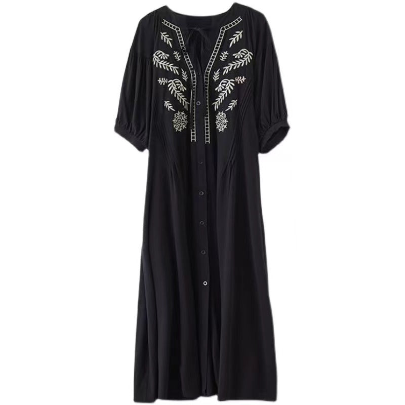 Bohemian Vintage Embroidered Tied Short Sleeve Long Shirt Dress