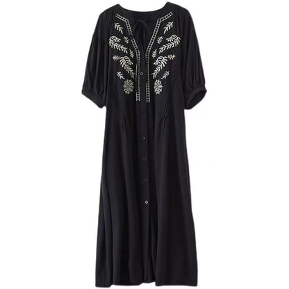 Bohemian Vintage Embroidered Tied Short Sleeve Long Shirt Dress