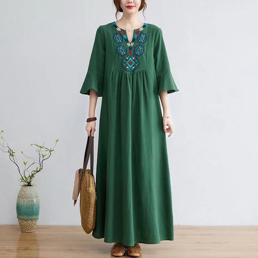 Embroidered V-Neck Cotton Vacation Short Sleeve Dress