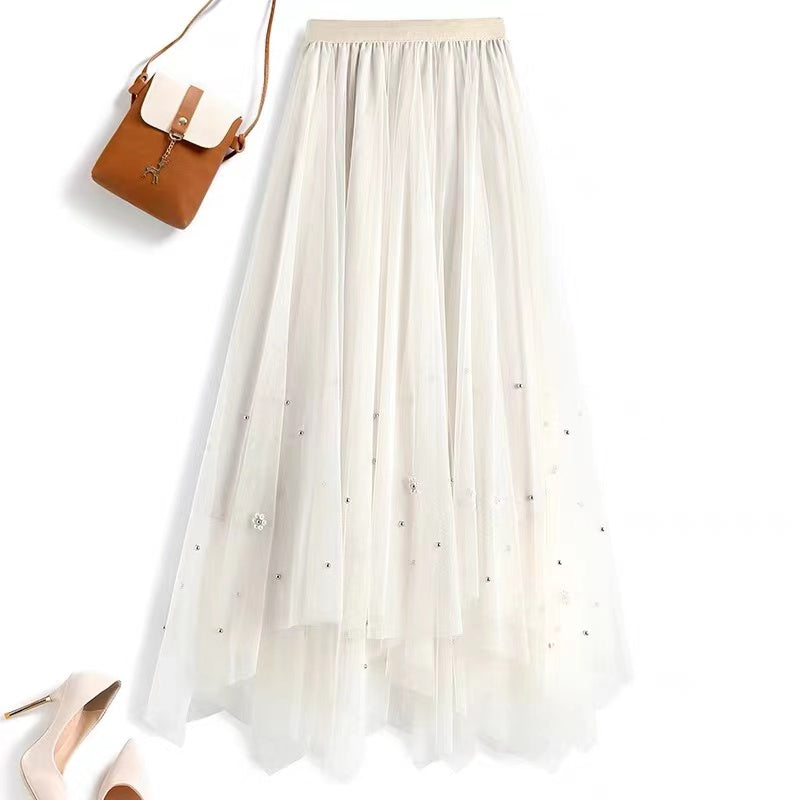 Irregular hand-beaded tulle mid-length A-line skirt