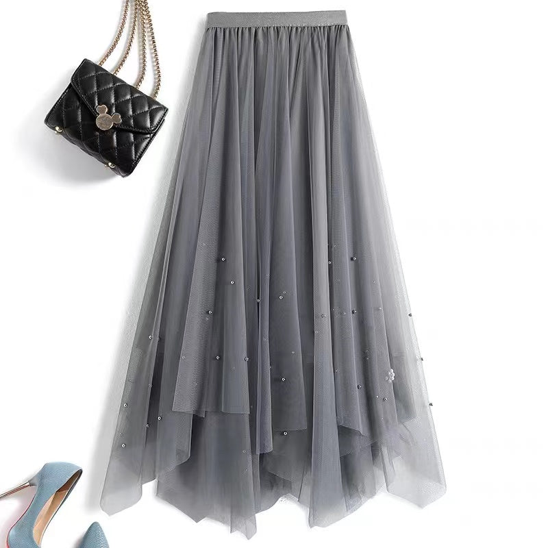 Irregular hand-beaded tulle mid-length A-line skirt