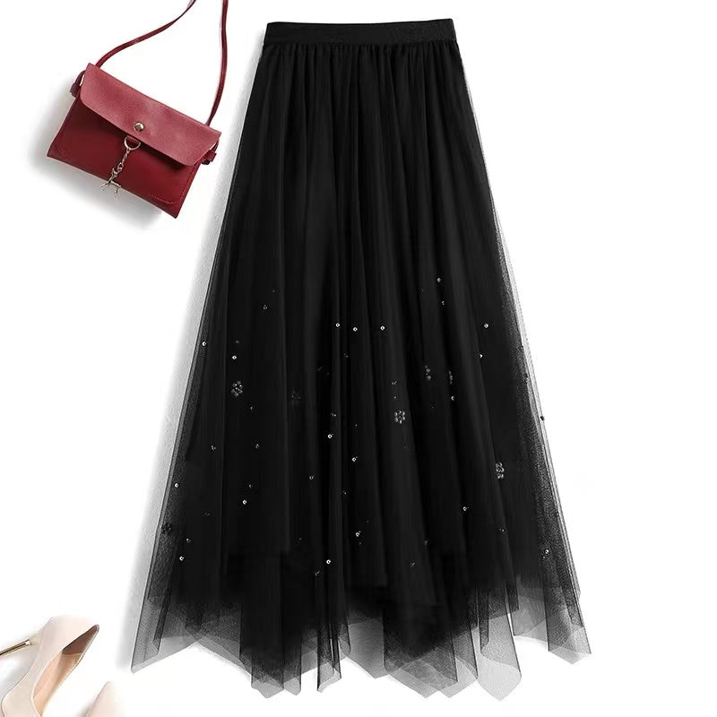 Irregular hand-beaded tulle mid-length A-line skirt