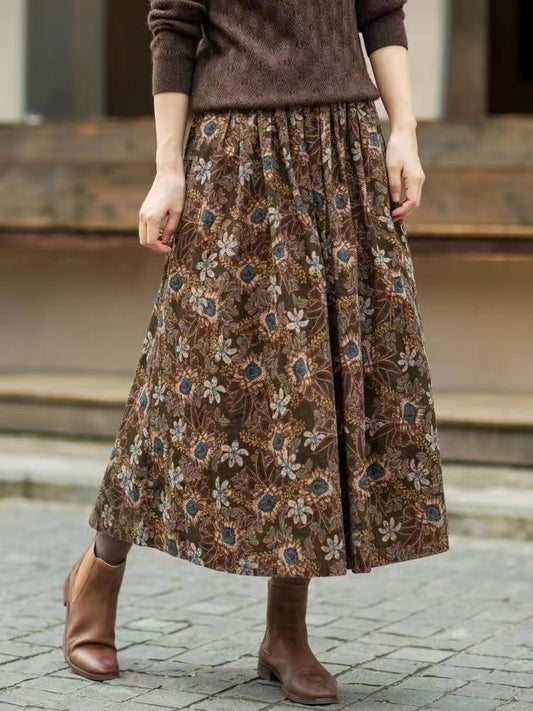 Chic Brown Vintage Floral Elastic Waist Skirt