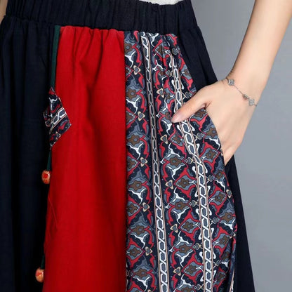 Printed Patchwork Color-Crossing Cotton A-Line Skirt