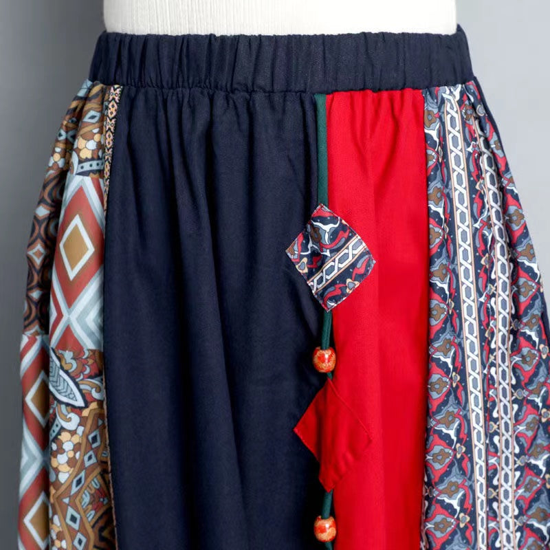 Printed Patchwork Color-Crossing Cotton A-Line Skirt