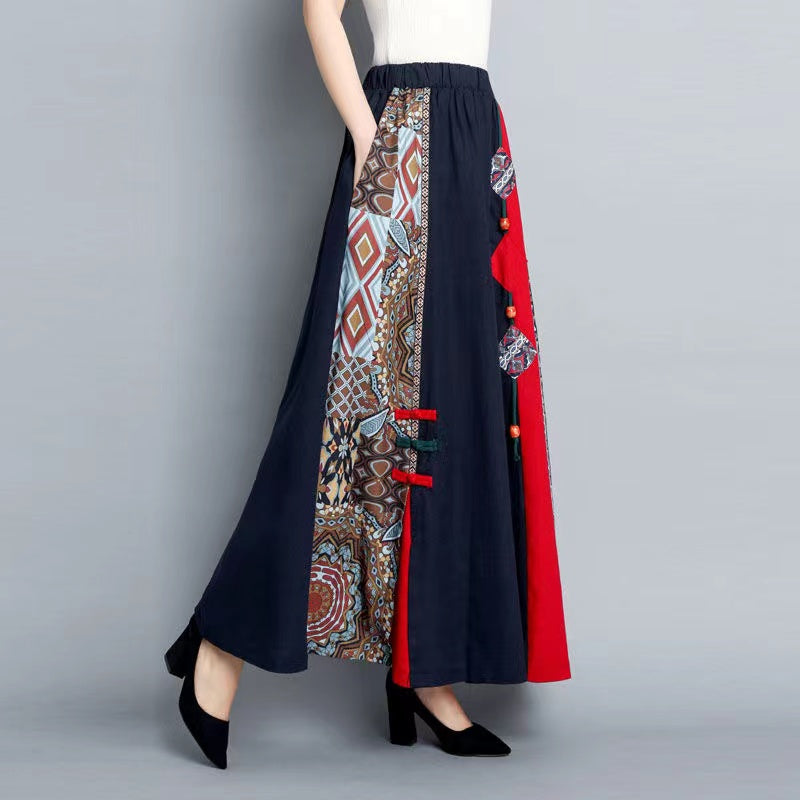 Printed Patchwork Color-Crossing Cotton A-Line Skirt