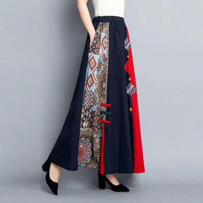 Printed Patchwork Color-Crossing Cotton A-Line Skirt
