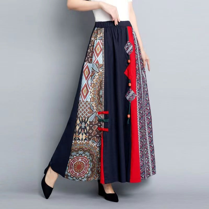 Printed Patchwork Color-Crossing Cotton A-Line Skirt