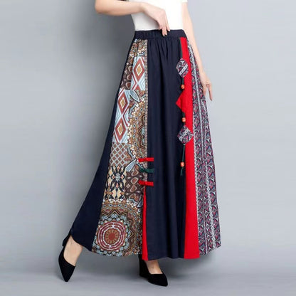 Printed Patchwork Color-Crossing Cotton A-Line Skirt