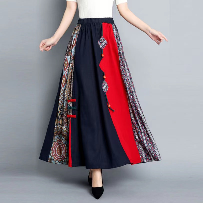Printed Patchwork Color-Crossing Cotton A-Line Skirt