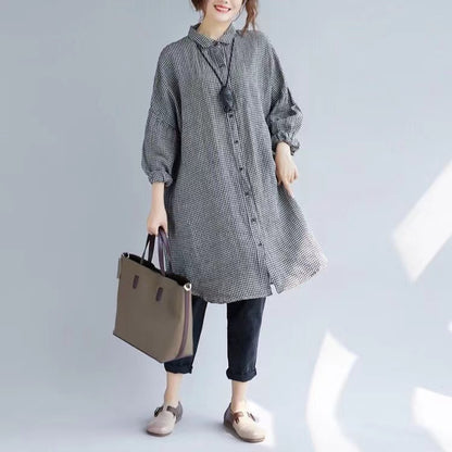 Black and White Plaid Lapel Buttoned Cotton and Linen Mid-Length Shirt Top
