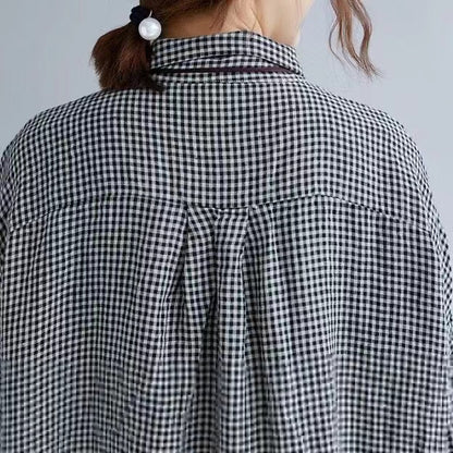 Black and White Plaid Lapel Buttoned Cotton and Linen Mid-Length Shirt Top
