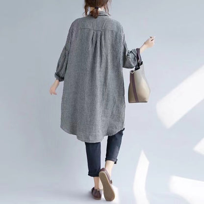 Black and White Plaid Lapel Buttoned Cotton and Linen Mid-Length Shirt Top