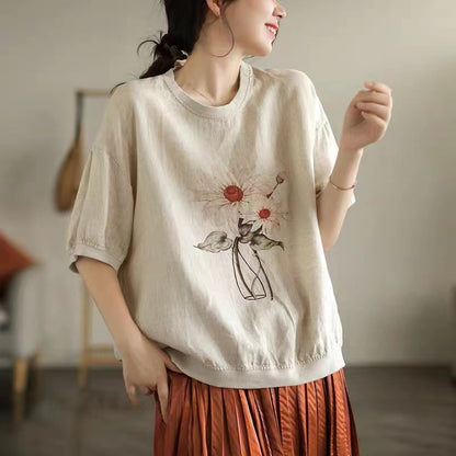 Loose Cotton Linen Printed Short Sleeve T-Shirt Top
