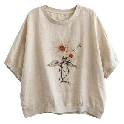 Loose Cotton Linen Printed Short Sleeve T-Shirt Top
