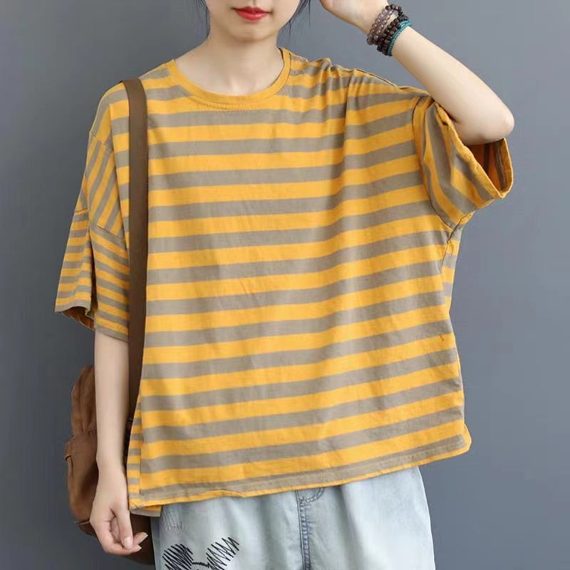 Loose Clashing Color Stripe Short Sleeve T-Shirt Top